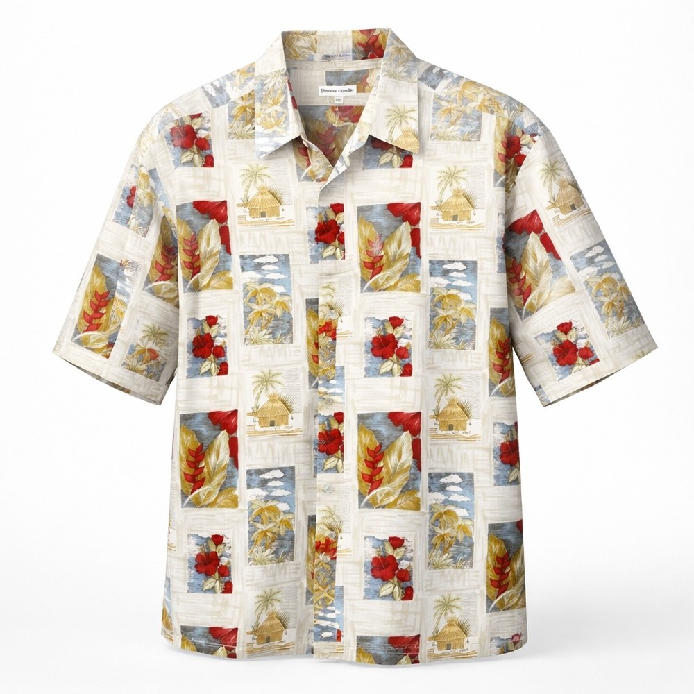 Vintage Pierre Cardin Mens XXL Hawaiian Shirt Tropical Hut Floral Cotton‎ Cream